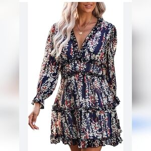 Size XL! Floral‎ Ruffle Dress - Navy and Red